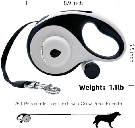 26ft Retractable Dog Leash for Large Dogs with Poop Bag Holder and LED Light,Heavy Duty Retractable Dog Leash with Chew Proof Extender,One-Hand Lock System,Impact-Resistant,Up to 110 lbs(Wihte)