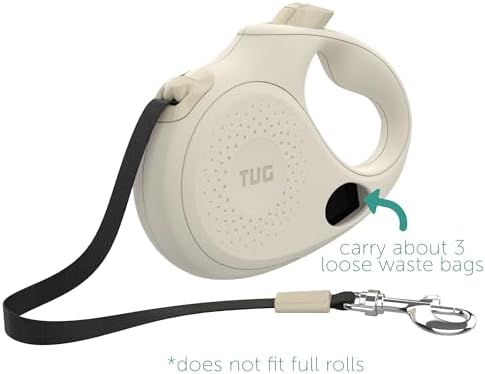 TUG Oval 360° Tangle-Free Retractable Dog Leash with Integrated Waste Bag Dispenser (Medium, Cream)