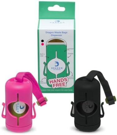 DRAGON Waste Bags Durable Dispenser, Dog poop bags holder with Two Hooks on the side for Used Poop Bags, leash attachment strap and 15 Poop Bags (Black)