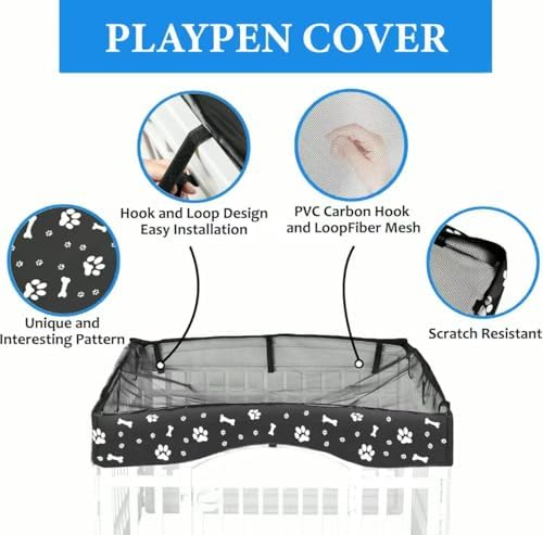 Dog Playpen Bottom Pad and Mesh Top Cover fit 36" x 36“ Puppy Playpen(FENCE NOT INCLUDED),Reusable for Pet Training,Dog Crate,Waterproof Pet Pee Pads,Whelping,Puppies/Small Dogs,Hoop&Loop Design,Black