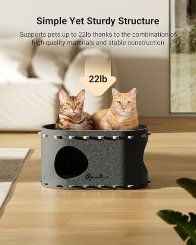 DownyPaws Cat House for Indoor Cats, Cube Castle Cat Bed Cave, Sesame Gray
