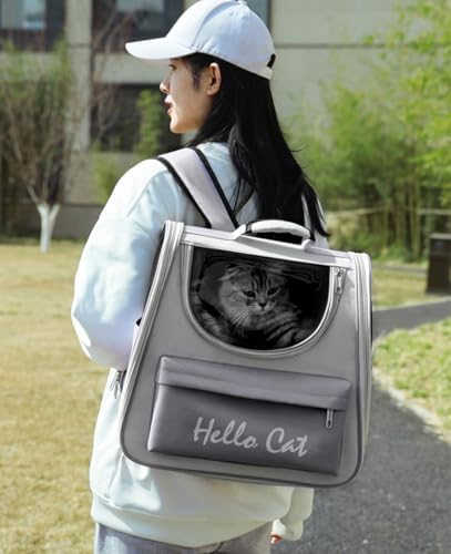 Cat &Dog Carrier Backpack, Pet Carrier with Transparent Window& Breathable Mesh Backpack for Small Dogs & Medium Cats Up to 15 Lbs, for Traveling, Hiking, Camping (Grey)