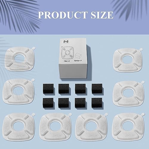 16 Pcs Cat Fountain Replacement Filters：8 Pack Cat Water Fountain Replacement Filters & 8 Pack Pre-Filter Sponges, Pet Fountain Filter Fit for 95oz/2.8L Automatic Pet Fountain Cat Water Fountain