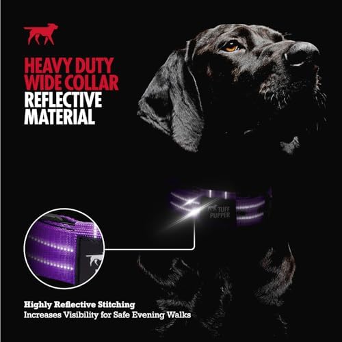 Tuff Pupper Heavy Duty Tactical Dog Collar | 1.5" Wide Ballistic Nylon | Reflective Stitching | Integrated ID Tag Holder | Stainless Steel Buckle | Padded Lining | Medium & Large Dogs (Purple, Large)