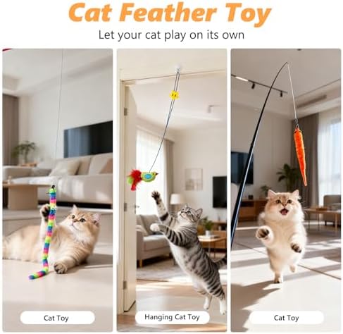 Cat Toys Interactive Feather Teaser Wand Set, Retractable Cat Fishing Pole Toy with Assorted Replaceable Attachments & Bells, Fun Hunting Exercise (12 Pack)