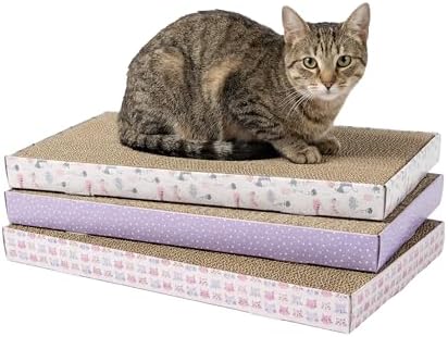 Kitty City 3-Pack XL Double Sided Corrugate Cat Scratcher Pads - X-Large Horizontal Cat Scratcher Mats, Reversible Corrugate Nail File Scratchers - Pink Cats Design, 18” x 10” Each