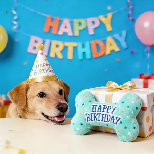 PrimePets Dog Birthday Toys, Plush Dog Squeaky Toys, Stuffed Puppy Chew Toy for Small Medium Large Dogs, Bone Pet Toy
