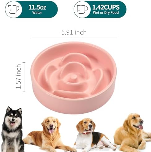 Pink Ceramic Slow Feeder Dog Bowl for Small and Medium Breeds,6.1 in Slow Feeding Bowl,Puzzle Cat Dog Food Bowl for Fast Eater,Maze Dish Puzzle Bowl for Small Dogs and Cats