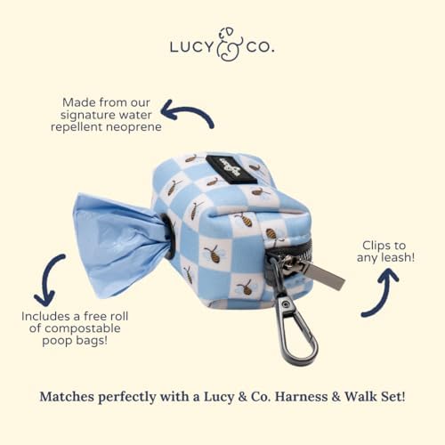 Lucy & Co. Bumbling Around Dog Poop Bag Holder and Dispenser, Clips to Leash, Water-Repellent Neoprene, Includes Refill Roll