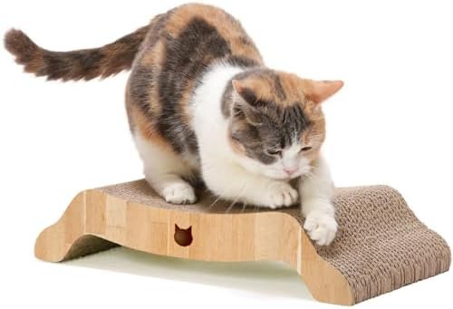 Necoichi Cardboard Cat Scratcher Couch for Indoor Cats - Cat Scratching Board, Horizontal Cat Scratch Pad Lounger with Reversible Usability and Extra Comfort for Lounge, Curved (17" Regular, Oak)