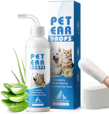 Dog Ear Cleaner with 50 Dry Finger Wipes – Plant-Based Gentle Ear Solution for Dogs & Cats, Helps Remove Wax & Odor, Comfortable Cleaning for Sensitive Ears, 4.06 fl oz