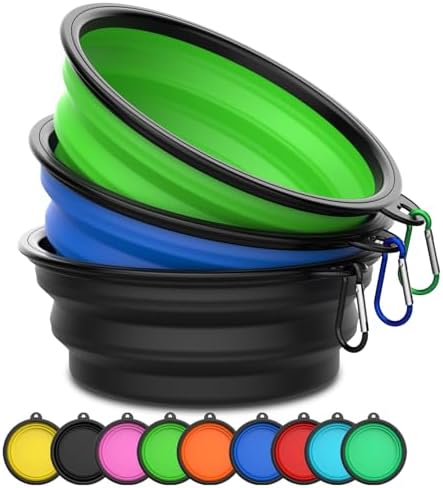 Collapsible Dog Bowls [3 Pack] 20 oz, Travel Dog Bowls, Pet Bowl Portable Foldable Water Food Feeding Dishes with Carabiner Clip for Traveling Hiking Walking-Black & Green & Blue