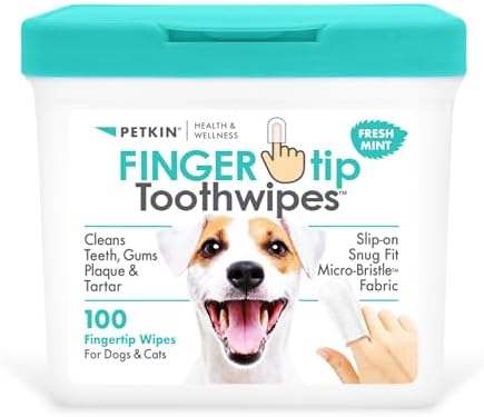 Petkin Fingertip Tooth Wipes for Dogs and Cats, 100 Finger Wipes - Slip-On, Snug Fit, Micro-Bristle Fabric - Cleans Teeth, Gums, Plaque & Tartar - Convenient, Ideal for Home and Travel - Fresh Mint
