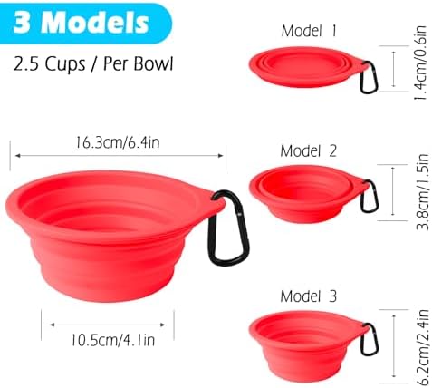 PetBonus 2-Pack Silicone Collapsible Dog Bowls, BPA Free Dishwasher Safe, Portable Foldable Expandable Travel Bowl, Food Water Feeding Cup Dish for Dogs Cats with 2 Carabiners (Black, Red)