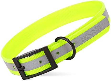 Dogline Biothane Translucent Reflective Waterproof Dog Collar Strong Coated Nylon Webbing with Black Hardware Odor- Proof for Easy Care Clean Fits Small Medium or Large Dogs - Yellow 1" W x 18"-22" L