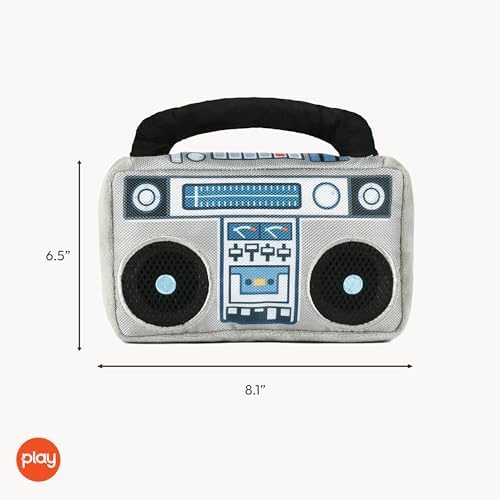 P.L.A.Y. Cute Plush Dog Toys - 1980s Classics Themed Durable Squeaker 2-in-1 Chew Toy, Great for Puppies & Small, Medium, Large Dogs - Machine Washable, Recycled Materials (Boop Box Boombox & Casette)