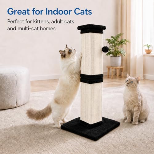 Vertical Cat Scratching Post for Indoor Cats, Sisal Scratch Tower with Soft Plush Base & Dangling Pom Ball, 32'' Tall Cat Scratcher Column, Furniture Protection, Black and White