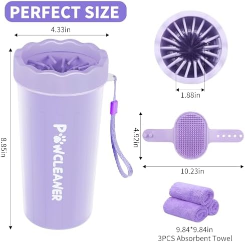 Professional 7 in 1 Dog Paw Cleaner for Dogs & Cats - Includes 1 Portable Paw Washer, 1 Bath Brush, 2 Dog Toothbrushes and 3 Absorbent Towels Note: Fits Paws 2.5 to 3.5 Inches Wide (Large, Purple)