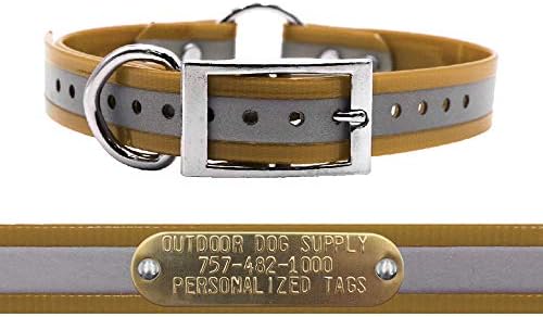 Reflective Waterproof D & Center Ring Dog Collar w Custom Name Tag, Tan