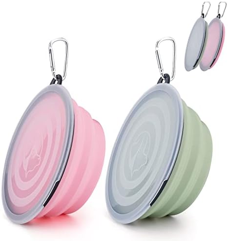 SLSON Dog Bowls Pet Collapsible Bowl with Cover Lids,2 Pack Dog Travel Bowls Portable Foldable Cat Water Dish Bowl for Pets Walking Parking Camping (Fairy Pink and Sprout Green, Large)