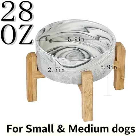 Elevated/Raised Ceramic Dog Bowl with Bamboo Stand,Marble Pattern 6 Inch 3.6 Cups Non Slip Heavy Weighted Single Pet Dish, for Small Medium Breed & Cats,Reduces Neck Strain Marble Grey