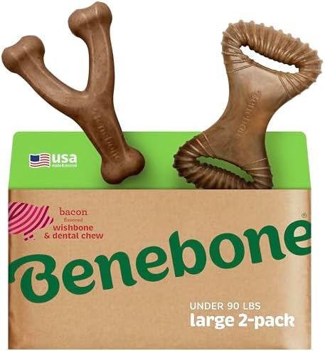 Benebone 2-Pack Wishbone/Dental Durable Dog Chew Toys, Real Bacon, Large