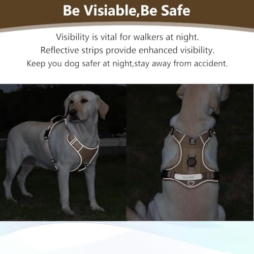Upgraded Dog Harness with AirTag Holder, Escape Proof Adjustable Vest for Puppy Outdoor Walking, No Pull No Choke Breathable Jacket with Reflective Strips for Dark Night, Khaki M