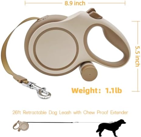 26ft Retractable Dog Leash for Large Dogs with Poop Bag Holder,Heavy Duty Retractable Dog Leash with Chew Proof Extender,One-Hand Lock System,Impact-Resistant,Up to 110 lbs (Khaki)