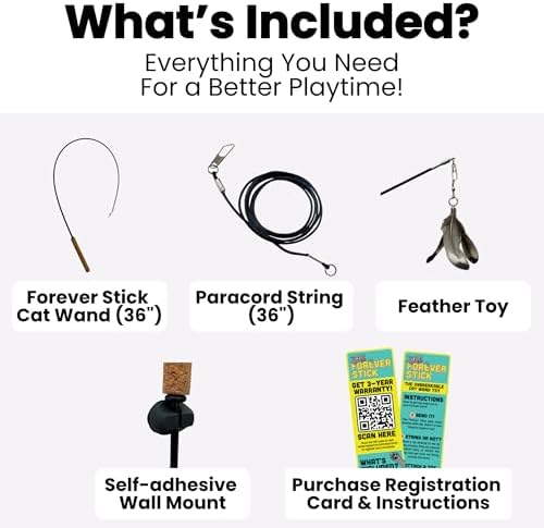 Forever Stick 1-Pack - The Unbreakable Cat Wand Toy, Durable Cat Toy Wand, Extra Long Cat String Toy, Cat Fishing Pole Toy for Bored Indoor Adult Cats, Cat Stick Toy, Cat Feather Wand, Cat Teaser Wand