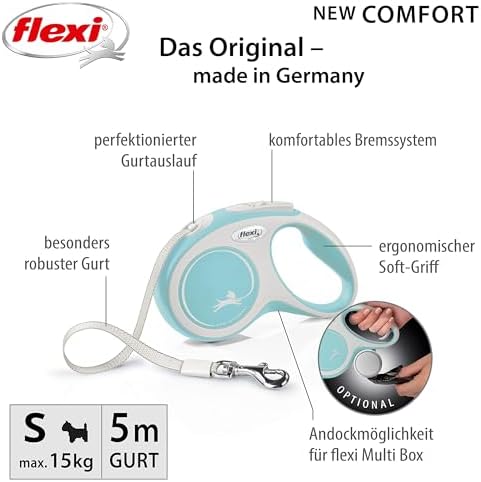 Flexi New Comfort Tape Grey & Light Blue Small 5m Retractable Dog Leash/Lead for Dogs up to 15kgs/33lbs