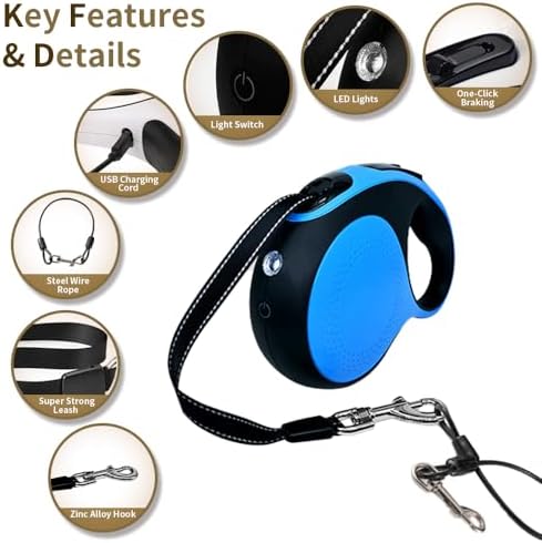 Retractable Dog Leash with Chew Proof Cable,Durable Pet Walking Leash for Large Medium Small Dogs up to 110 lbs (Blue, 16ft)