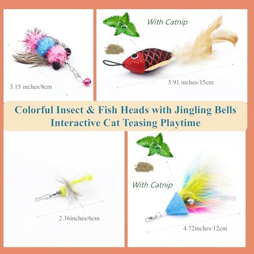 Interactive Cat Wand Toy with 4 Refills and Storage Box – Collapsible Cat Teaser Stick with Catnip Lure, Insect & Ribbon Attachments – Feather Cat Toys for Indoor Cats Enrichment