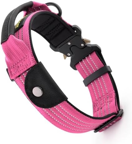 Plutus Pet Tactical Dog Collar with Pocket for AirTag, Pink, M