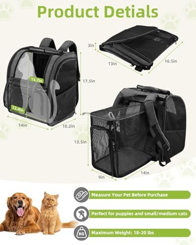 Expandable Cat Carrier Backpack, Dog Carrier Backpack for Small Dogs and Puppies Up to 20 Lbs, Great for Travel Hiking Camping Outdoor with Breathable Mesh, Dark Grey
