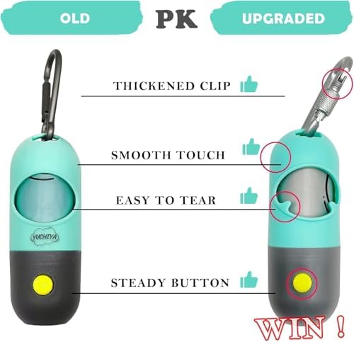 Dog Poop Waste Bags Holder with LED Flashlight|Cute Doggie Poo Bags Dispenser for Pet Leash|Trash Waste Bags Carrier with Potty Bags Clip Fastener LR44 Button Cells Included(2 Pack) (Mint Green)
