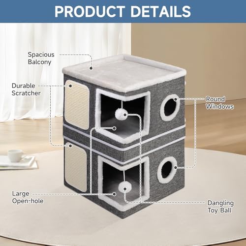 Shikha 2 Story Cat House beds for Indoor Cats with Scratch Pads Grey