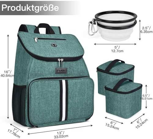 BAGLHER丨Dog Travel Bag, Airline Approved Pet Supplies Backpack, Dog Travel Backpack Accessories Set with 2 Silicone Collapsible Bowls and 2 Food Baskets. Green