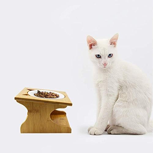 Cat Bowls Pet Dining Table with Raised Slope Wooden Stand Elevated Pet Bowls with Oblique Stand for More Comfortable Eating for Cats, Dogs, Kitten and Puppy (Single Bowl, Ceramics)