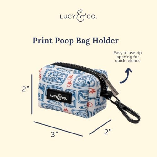 Lucy & Co. Tinned Fish Dog Poop Bag Holder and Dispenser, Clips to Leash, Water-Repellent Neoprene, Includes Refill Roll