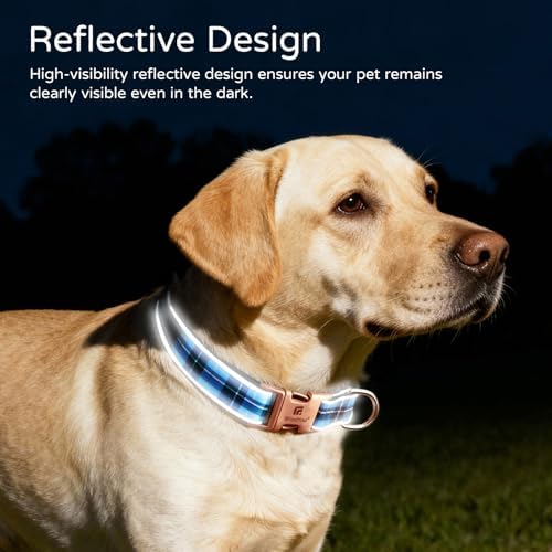 Reflective Plaid Dog Collar for Large Dogs, Blue-L
