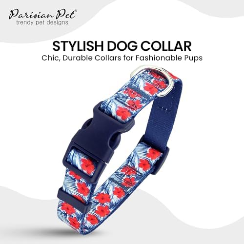 Parisian Pet Floral Dog Collar - Adjustable Hibiscus Pet Collar with Secure Buckle and Metal D-Ring - Comfortable Designer Blue Puppy Collars - Durable Tropical Nylon Dog Collars for Large Dogs