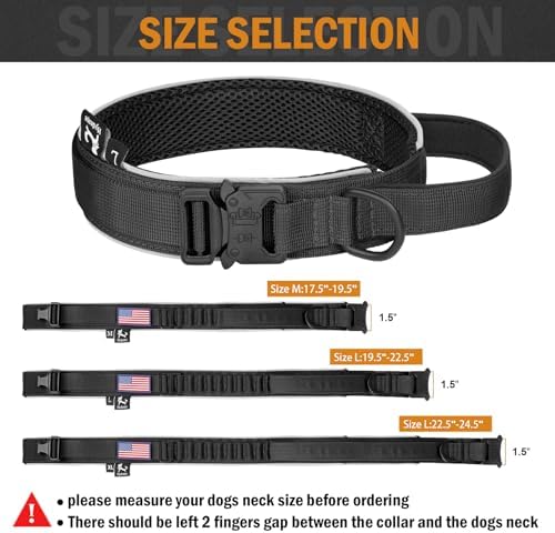 HYDEME Tactical Dog Collar, Alpine Loop Adjustable Military Training Nylon Dog Collars with Handle and Reflective for Small Medium Large Dogs, with Airtags Protective Case & Patches.(M,Black)