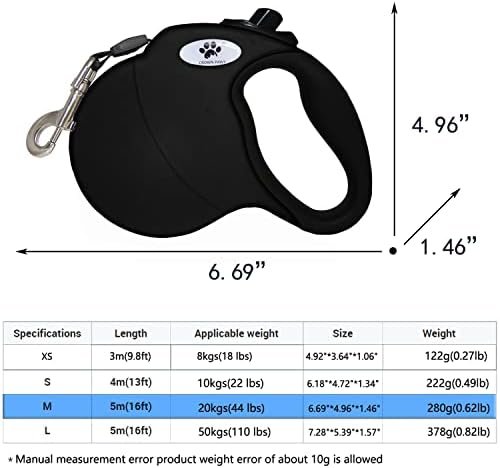 16 ft Retractable Dog Leash for Large Dogs up to 44 lbs,Tangle-Free Nylon Tape,Black M