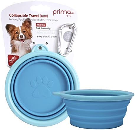Prima Pet Expandable/ Collapsible Silicone Food & Water Travel Bowl with Clip for Small & Medium Dog and Cat, Size: 1.5 Cups (5.1 Inch Diameter Bowl) (AQUA)
