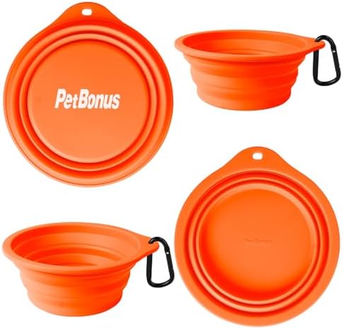 PetBonus 2-Pack Large Silicone Collapsible Dog Bowls, 34oz/1000ml BPA Free Portable Foldable Travel Bowl for Pet Cat, Food Water Feeding Dish for Camping with 2 Carabiners (Orange, Yellow)