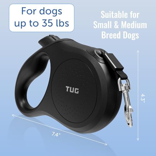 TUG Quest Retractable Dog Leash | 360° Tangle-Free | 16 ft Tape (S, Black)