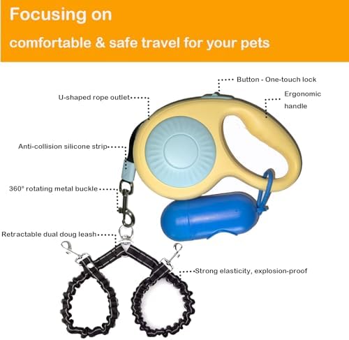 Double Dog Leash for Walking 2 Small Dogs (Up to 33 Lbs Each), Dual Retractable 9.8ft Extendable Strong Nylon Tape Pet Leash with Poop Bags, One-Handed Brake, Pause, Lock (Blue)