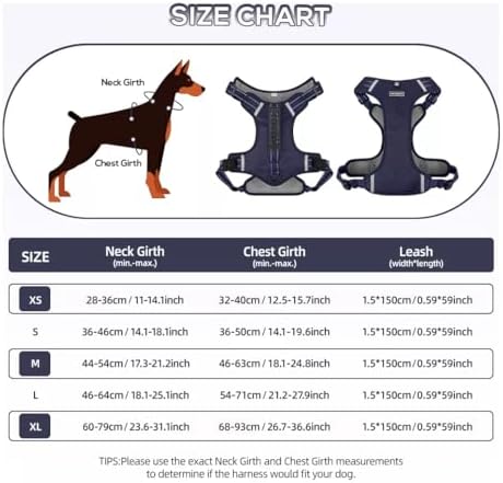 Dog Harness No Pull Adjustable Reflective,for Medium and Large Small Dog with Leash 59.06in (Dark Blue, S)