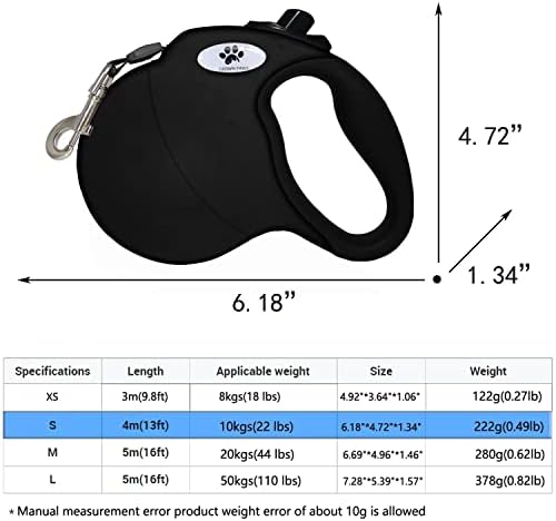 13ft Retractable Dog Leash for Small Breed Dogs up to 22 lbs with a Detachable Chew Proof Extender Wire Ropes (Black S)