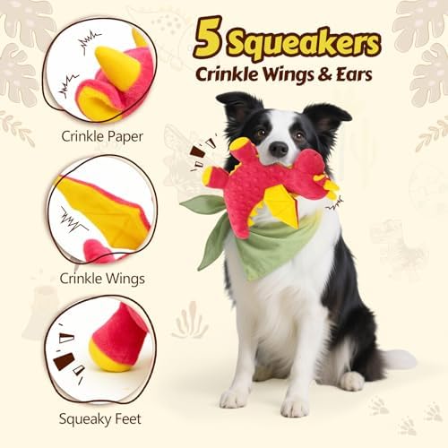Squeaky Dog Toys - 2 Pack Plush Dragon Dog Toys with 5 Squeakers, Crinkle Wings & Ears, Soft Cute Dog Toys for Boredom, Small Medium Dogs and Gentle Large Dogs (Pink & Purple,10")
